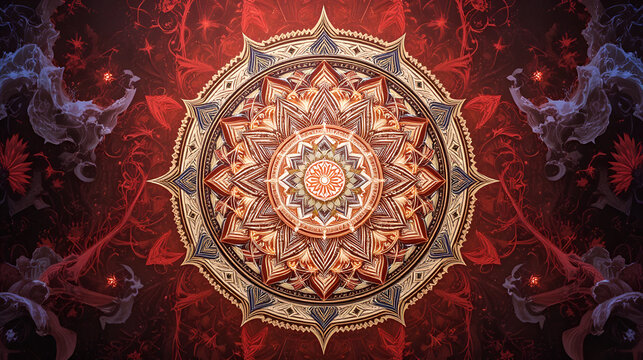 Intricate mandala design with cosmic elements. Mandala sacred geometry root chakra Sri Yantra mandala red root chakra art mandala root chakra design
