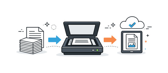 Office scanning workflow. A clean scene with a scanner, neatly stacked documents, and simple icons of files and arrows showing conversion to
