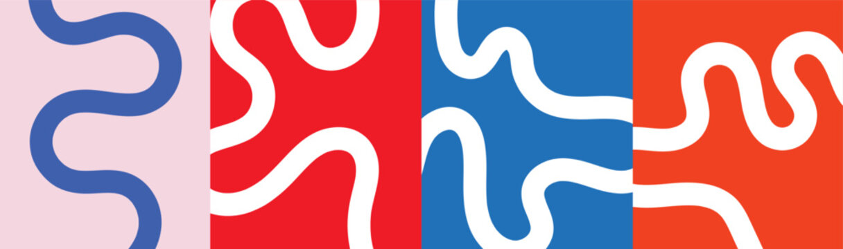 Abstract colorful wavy line banners set with organic flowing shapes and vibrant minimalist background designs