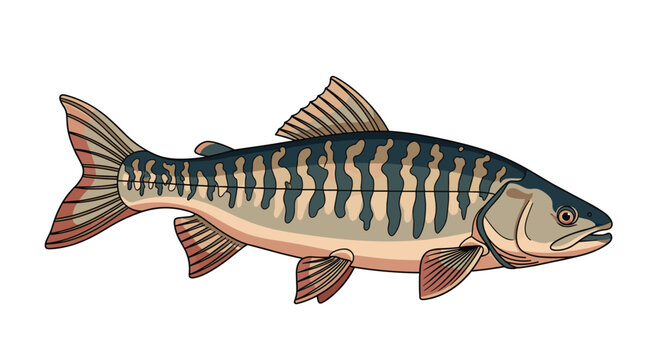 Side profile illustration of a trout fish with detailed spots and stripes swimming in its natural freshwater habitat.