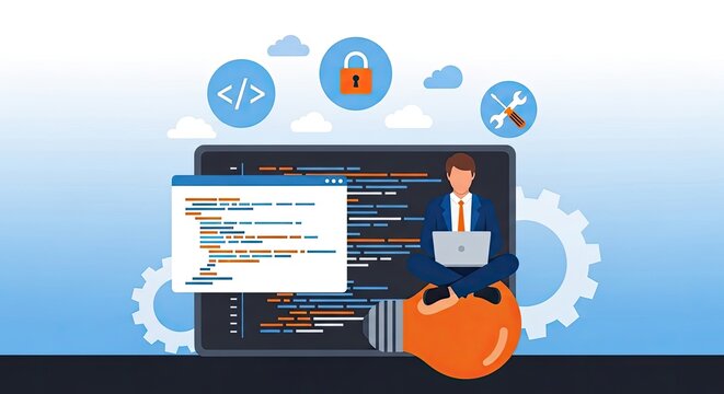 A developer working on coding projects on a laptop surrounded by security and coding icons in a digital workspace