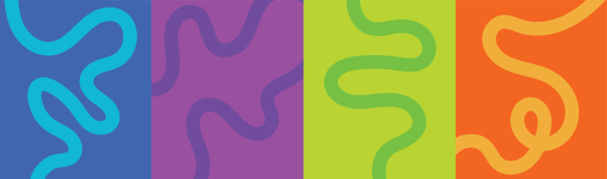 Minimalist organic path backgrounds featuring bright neon colors and simple thin winding line art illustrations