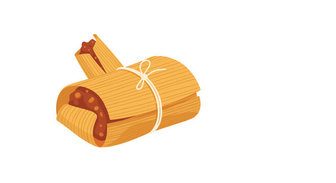 Traditional mexican tamale wrapped in corn husk and tied with string showing tasty meat filling on white background.