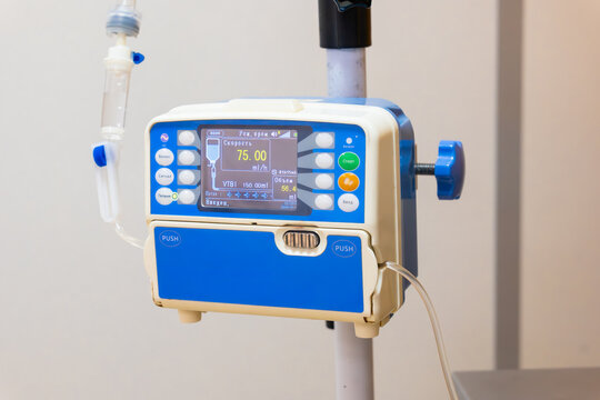 Blue veterinary IV infusion pump mounted on pole with fluid bag and digital screen displaying metrics, close-up detail against blurred background