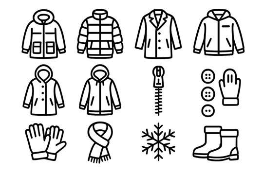 Winter Jacket Icons. Winter Jackets outline icons: parka, puffer jacket, wool coat, fleece jacket, hooded coat, rain shell, zipper, buttons, gloves, scarf, snowflake, boots.