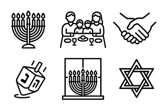Hanukkah Symbols Outline. Hanukkah Family outline icons: menorah flames, table setting, hands holding, dreidel spin, window light, Star of David.