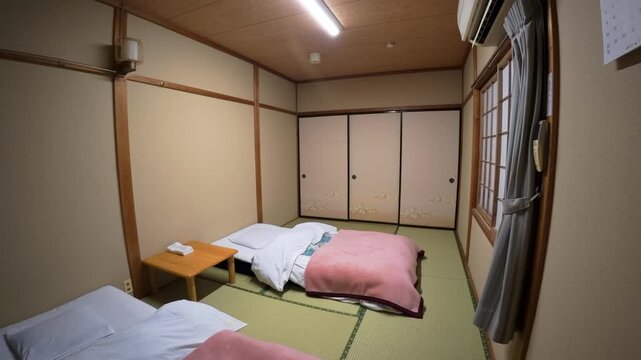 Cozy traditional Japanese Ryokan guest room with futon beds sleeping on tatami mat flooring