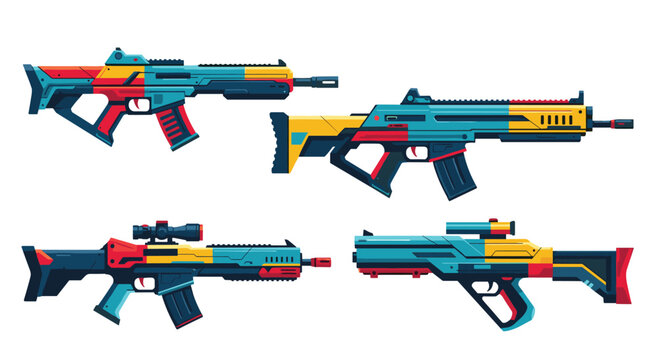 Set of four colorful futuristic assault rifles with modular designs and scopes for gaming and sci-fi weaponry concepts.