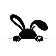 Adorable black silhouette of a curious peeking bunny rabbit head with paws holding up the border on white background