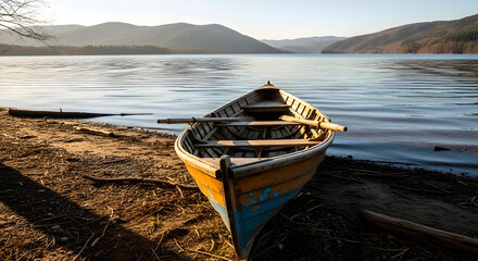 a boat is sitting on the shore of a lake