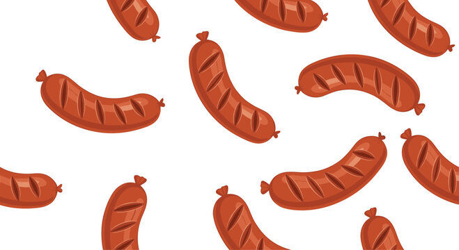 Delicious seamless pattern of grilled brown sausages on a white background for food and barbecue related designs.