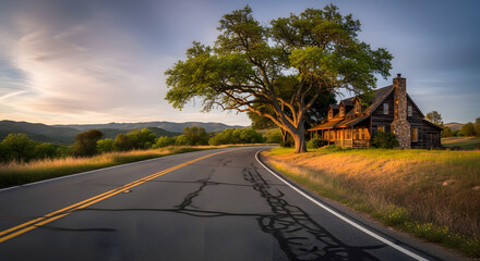 a lone house on a country road with a tree in the foreground