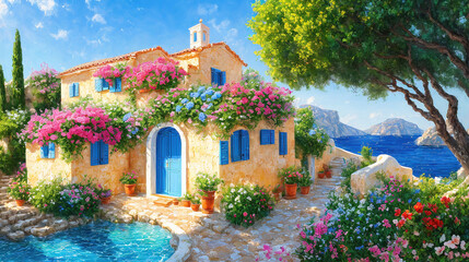 Beautiful house surrounded by flowers against the sea, Mediterranean style landscape, oil on canvas.