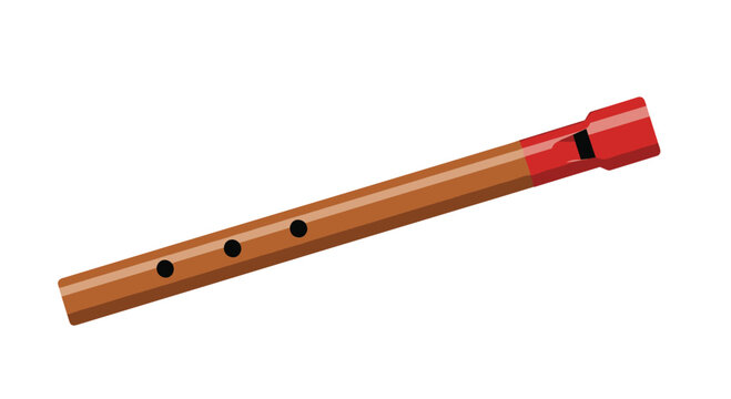 Traditional wooden flute instrument with a red mouthpiece and three finger holes isolated on a white background.
