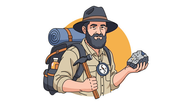 Experienced geologist character with a beard hat and backpack holding a rock sample and a geological hammer.