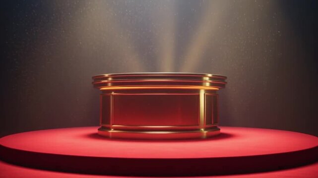 A dramatic video showcasing a golden chest on a red platform with spotlight