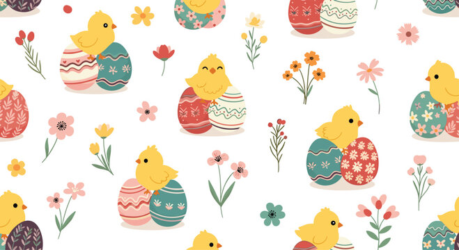 Vibrant seamless pattern showing cute yellow baby chicks sitting on decorated Easter eggs surrounded by colorful spring flowers and berries.