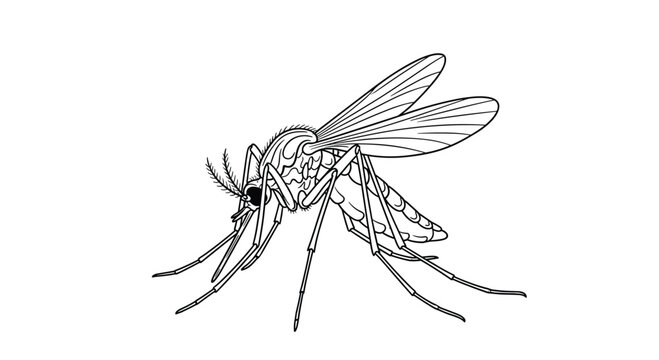 Scientific line drawing illustration of a mosquito shown from a side profile with detailed legs, wings, and antennae on a white background.
