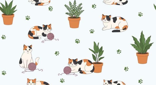 Charming seamless pattern showing calico cats playing with balls of yarn and resting near various potted indoor plants on a light blue base.