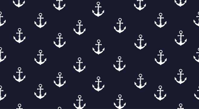 Classic nautical seamless pattern featuring small white anchors with rope details evenly spaced across a dark navy blue background.