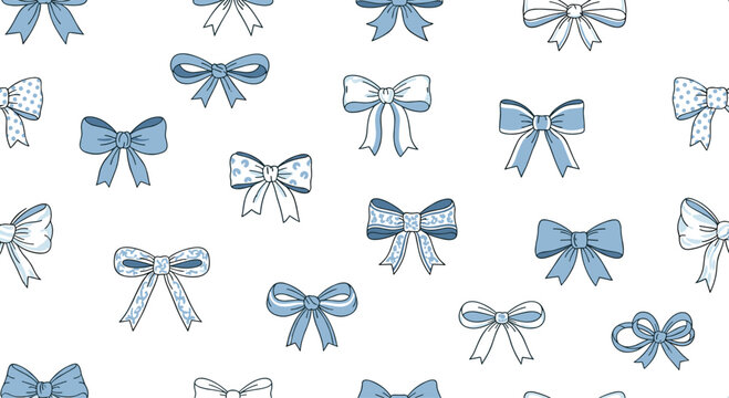 Seamless pattern of various blue bows with floral and leopard print patterns on a clean white background for textiles.