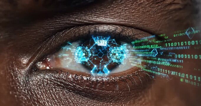 Close-up of a human eye with digital data visualization, symbolizing technology and vision