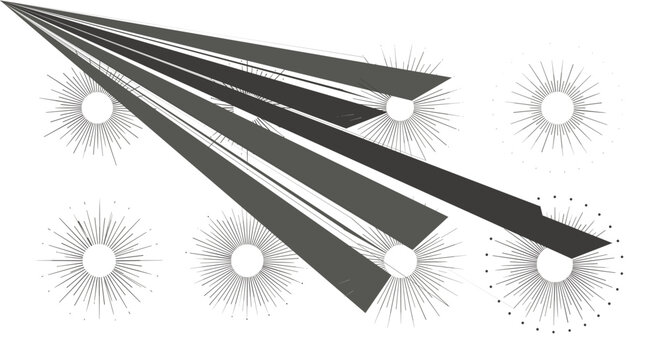 Abstract composition of sharp gray triangular shapes projecting across a background of multiple sunburst circles.