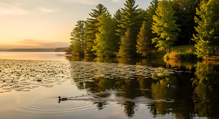 a duck swimming in a lake with trees in the background