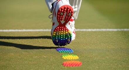 Rainbow soccer cleats on green field