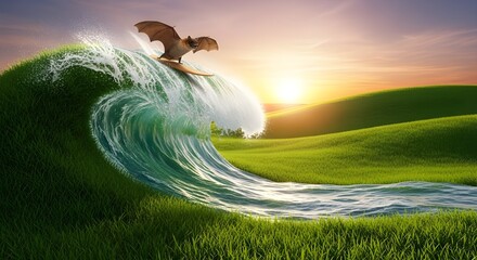 Bat surfing on grass wave at sunset