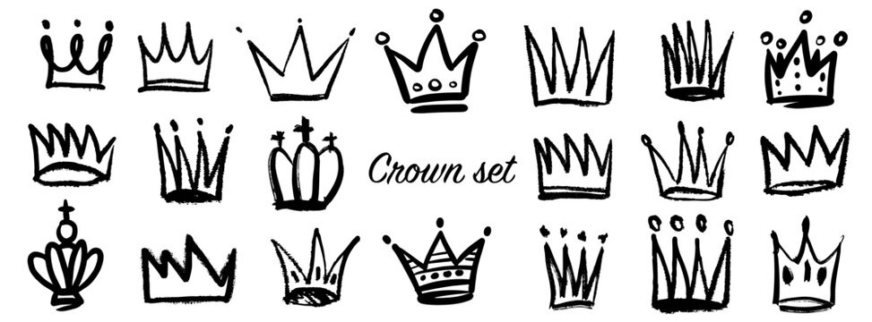 Crown monochrome oodle crayon hand drawn sketches set. Pencil king queen royal diadem vector line art. Textured chalk graffiti spray illustration collection.