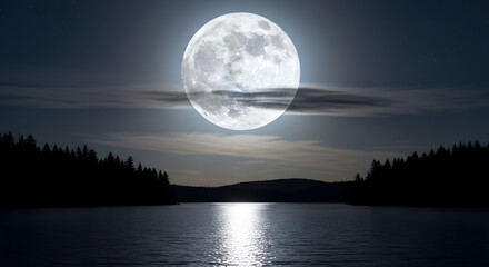 a full moon is shining over a lake