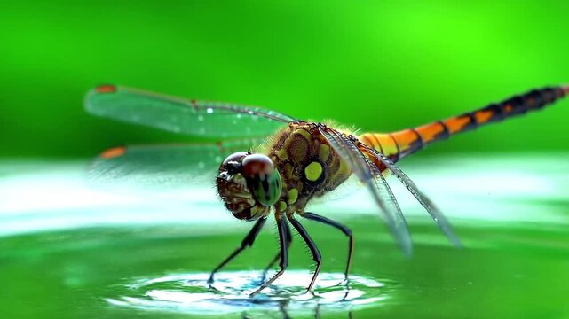 Closeup of a dragonfly resting on water surface with green background.