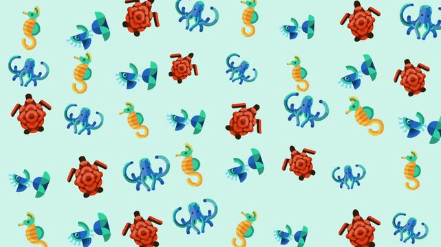 Underwater pattern with sea creatures for backgrounds, textiles, and marinethemed designs, such as packaging and stationery.