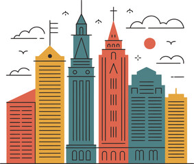 Obraz premium Retro city skyline logo illustration with line art buildings clouds sun and flying birds