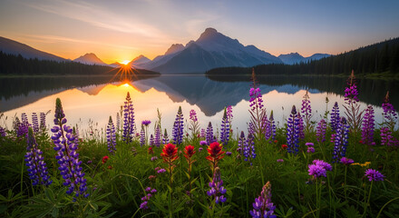 a lake with purple flowers and a mountain in the background