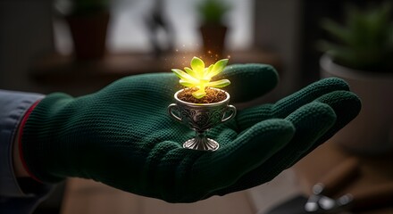 Gloved hand cradles glowing succulent in ornate trophy cup