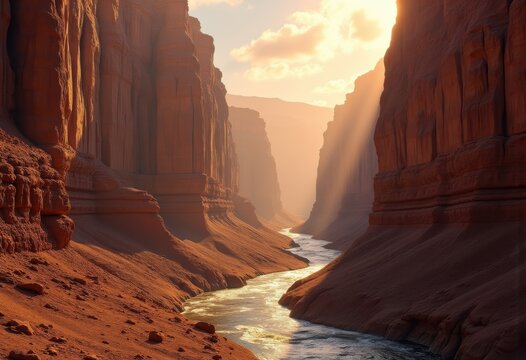 Majestic Canyon Walls Illuminated by Golden River Sunlight Radiance and Shadows