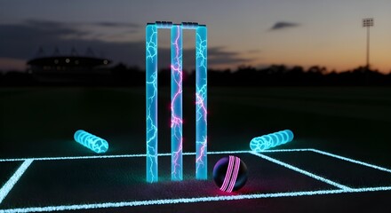Glowing cricket wicket and ball on vibrant field at dusk
