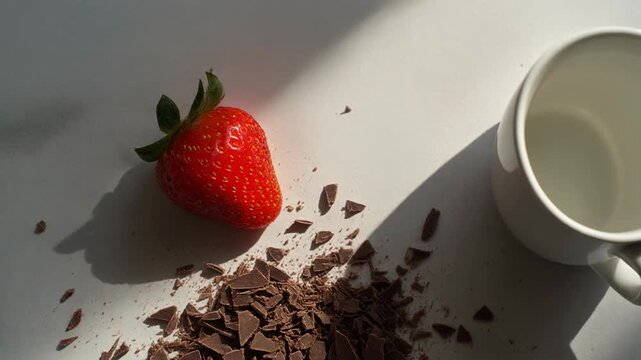 Closeup of a fresh strawberry and chocolate shavings with a cup casting a shadow. 4k Footage Video