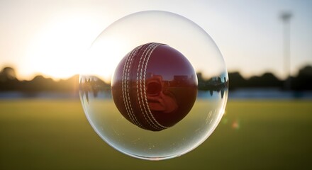 Cricket ball protected in a large soap bubble on green field