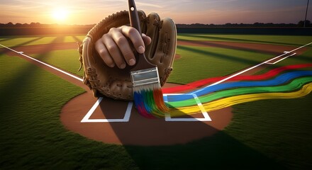 Baseball glove paints home plate with vibrant colors