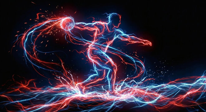 Discus throw athlete in action, abstract neon silhouette with glowing red and blue energy trails, track and field sports competition