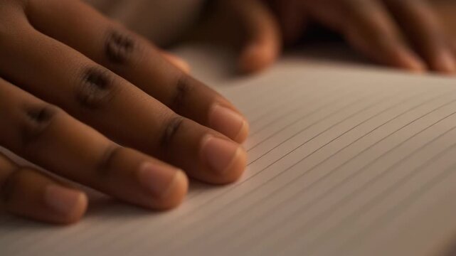 Close-up of a persons hands gently resting on a textured surface, possibly a book or paper, with soft lighting highlighting the details of their skin and the subtle patterns of the surface.
