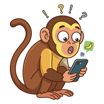 Curious cartoon monkey bewildered by unexpected digital content on a smartphone, showing surprise and engagement with online communication