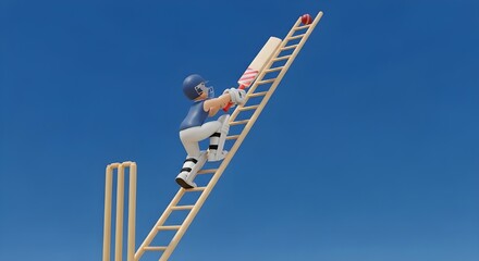 Cricketer climbing success ladder with bat and ball