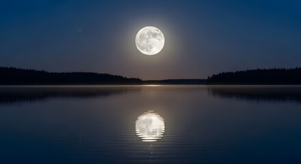 a full moon is shining over a lake