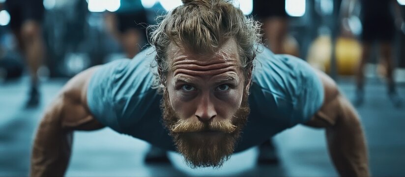 Intense Low-Angle Close-up: Sweaty Man with Man Bun and Beard in Push-up Gaze