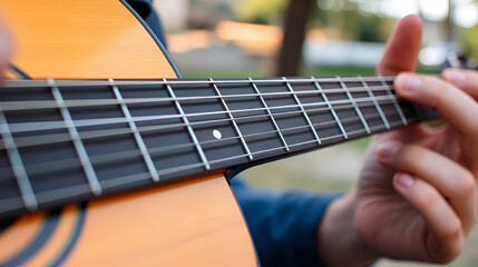 Fototapeta premium Musician's hand frets notes on a classical guitar's fretboard. Extreme close-up showcasing finger placement, nylon strings, and outdoor setting.