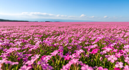a field of pink flowers with a blue sky in the background